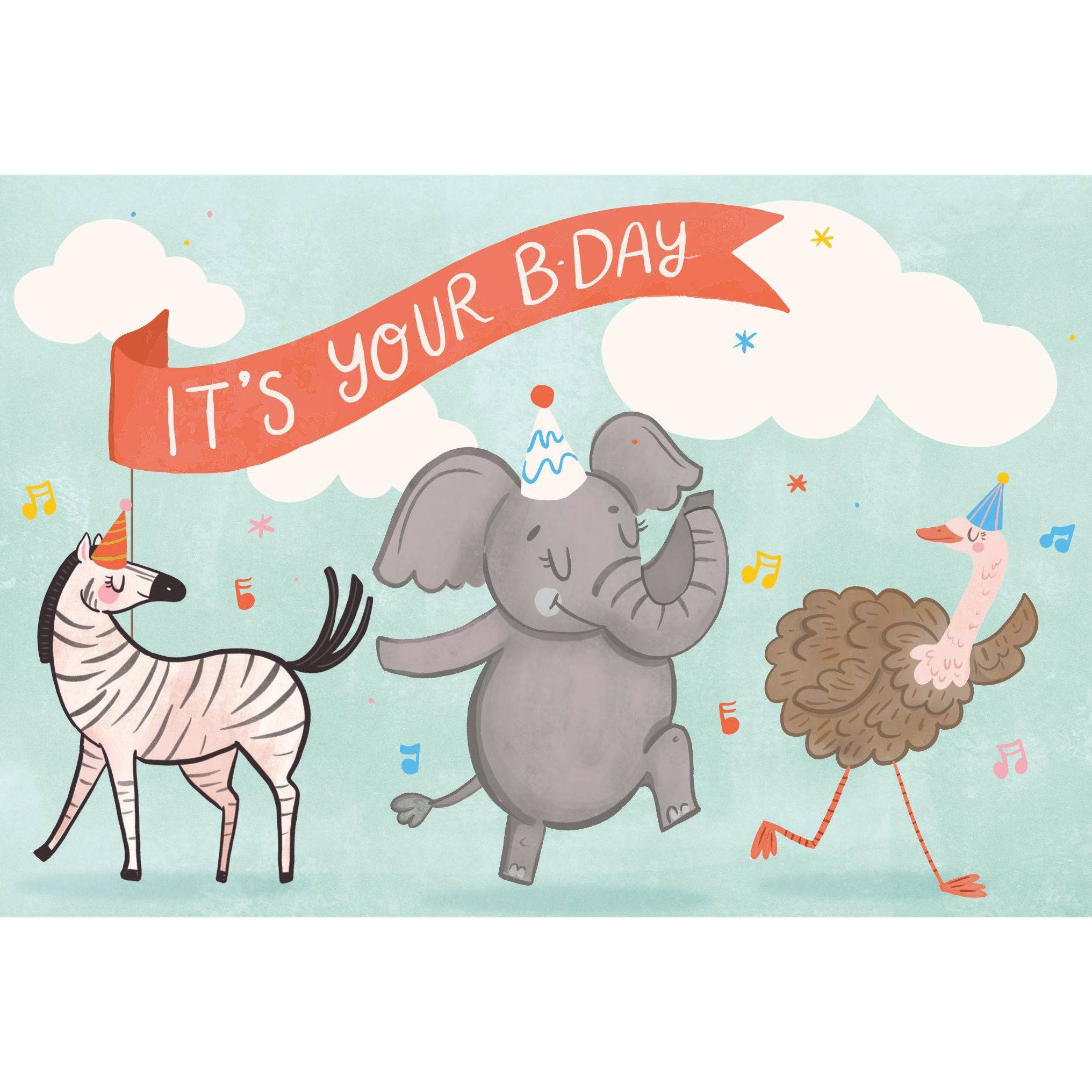 Colorful Party Animals birthday card by Pictura featuring playful animal illustrations for celebrating birthdays.